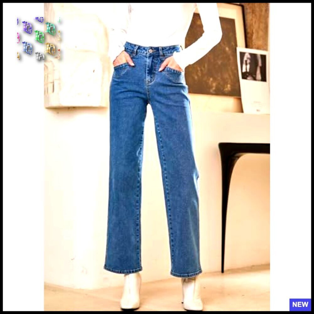 Straight Leg Jeans High Waisted Stretchy Wide Leg Ankle Denim Pants Chic - Picture 3 of 7
